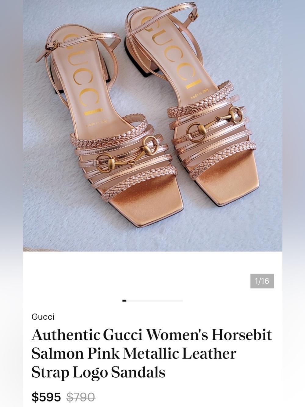 Gucci Metallic Rose Gold Nappa Braided Horsebit Ketty Block Heel Sandals (38) - Picture 11 of 14